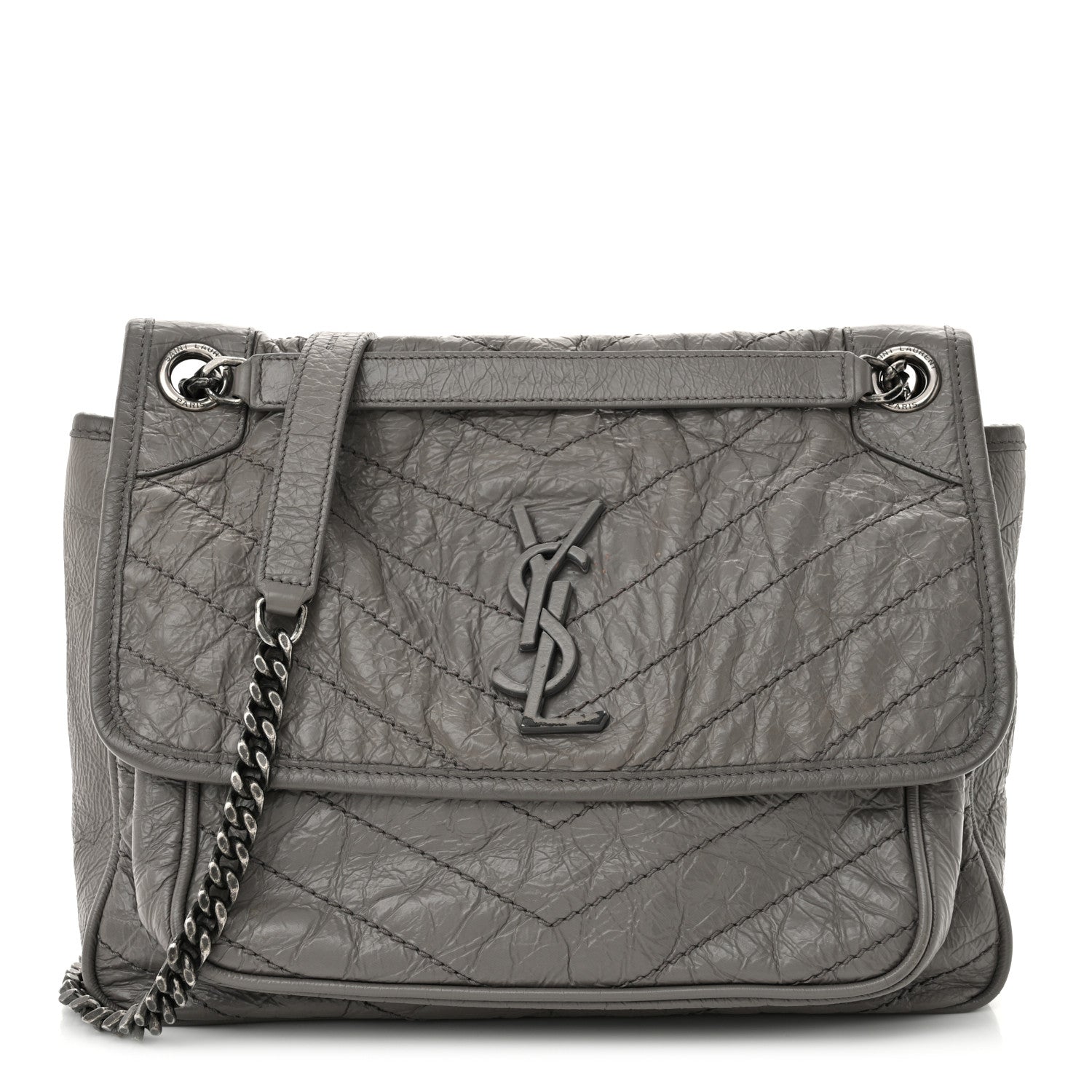 Crinkled Calfskin Matelasse Monogram Medium Niki Chain Satchel Fog