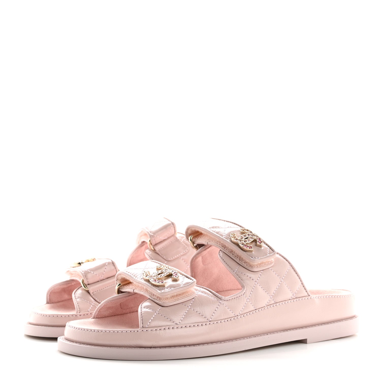 Shiny Calfskin Quilted Velcro Dad Crystal CC Slide Sandals 37 Light Pink