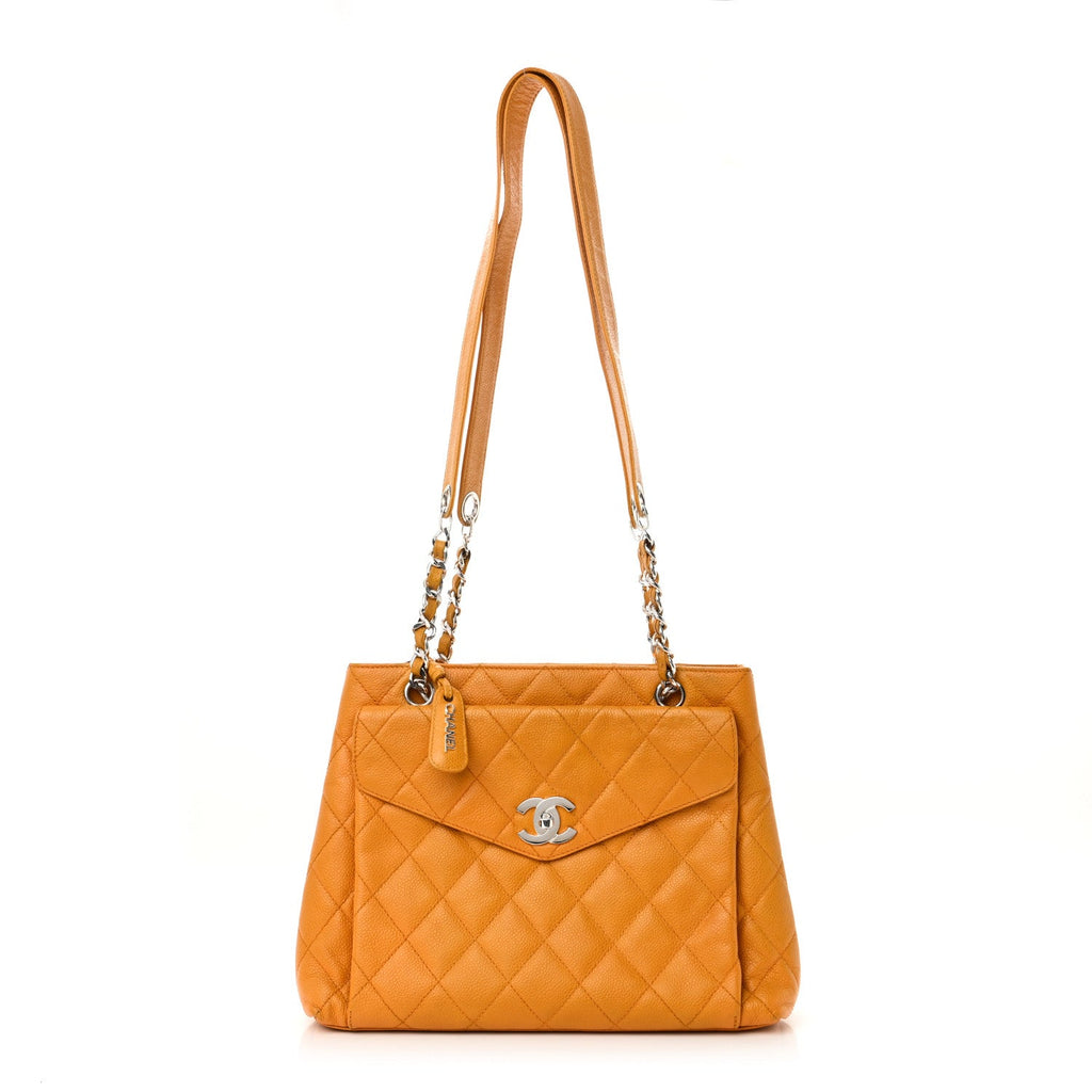 Caviar Quilted Pocket Shopping Tote Orange