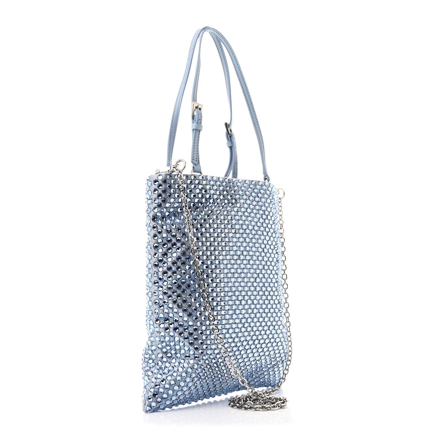 Satin Crystal Metal Triangle Logo Chain Crossbody Handbag Celeste