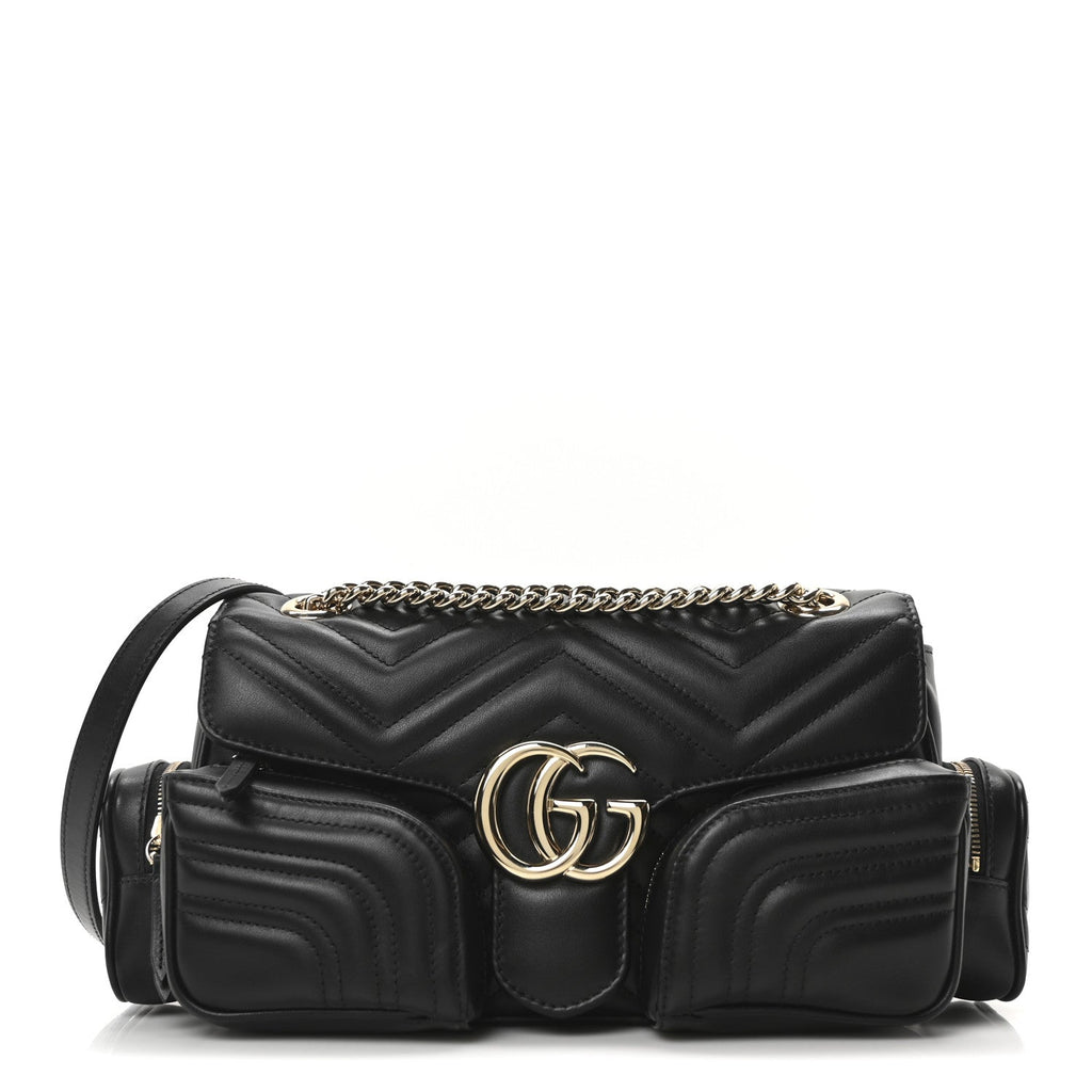 Calfskin Matelasse Small GG Marmont Multi Pocket Shoulder Bag Black