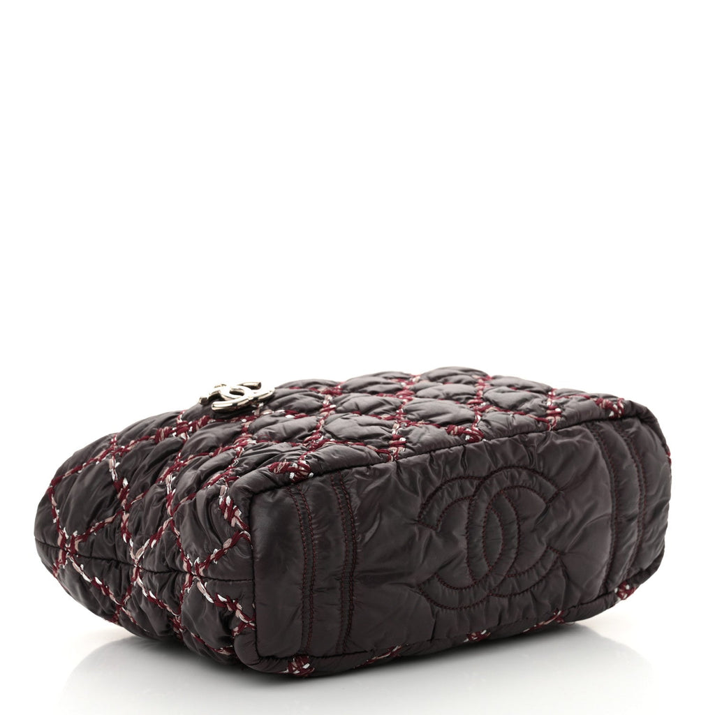 Nylon Quilted Tweed Stitch Bubble Tote Plum