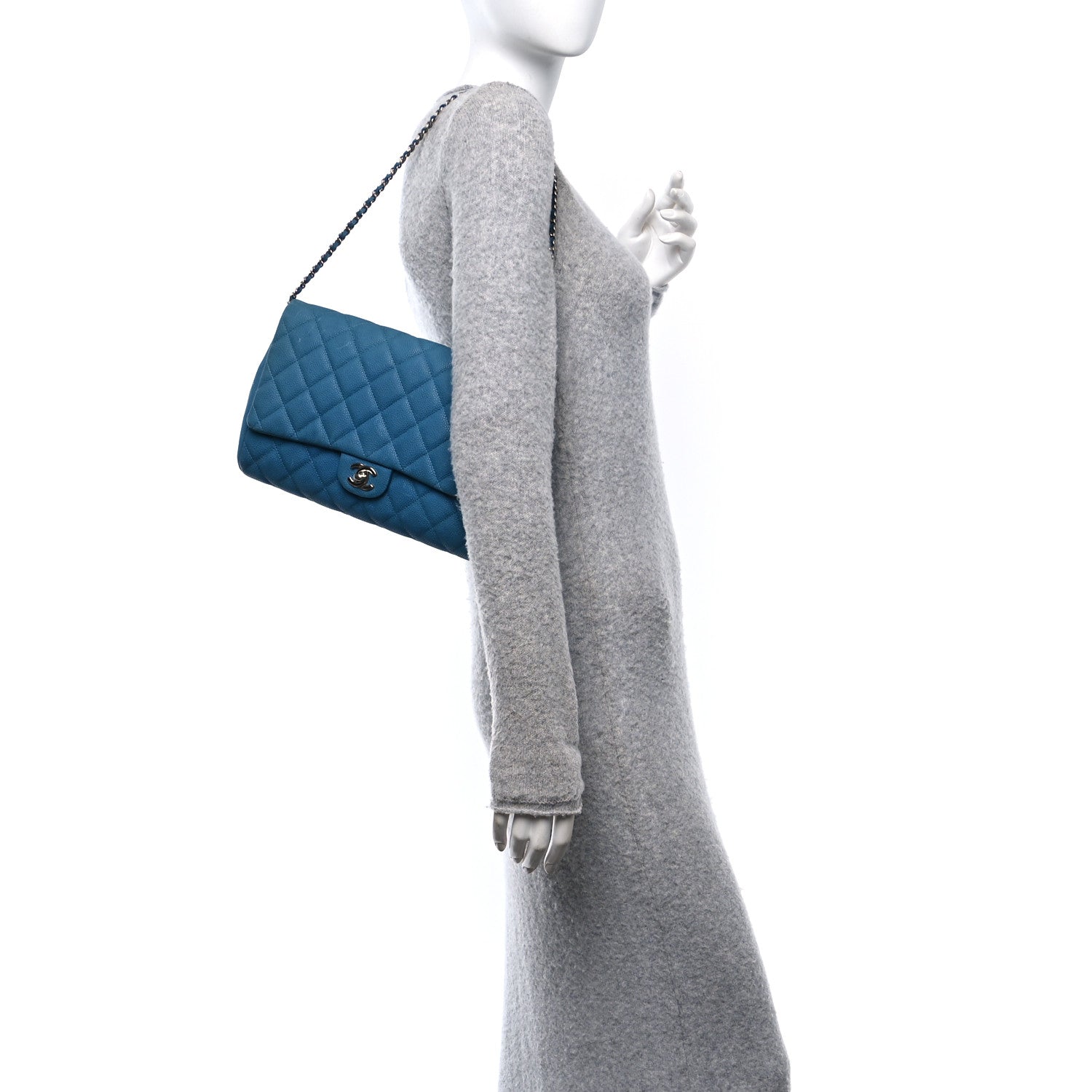Iridescent Caviar Quilted Clutch With Chain Flap Blue