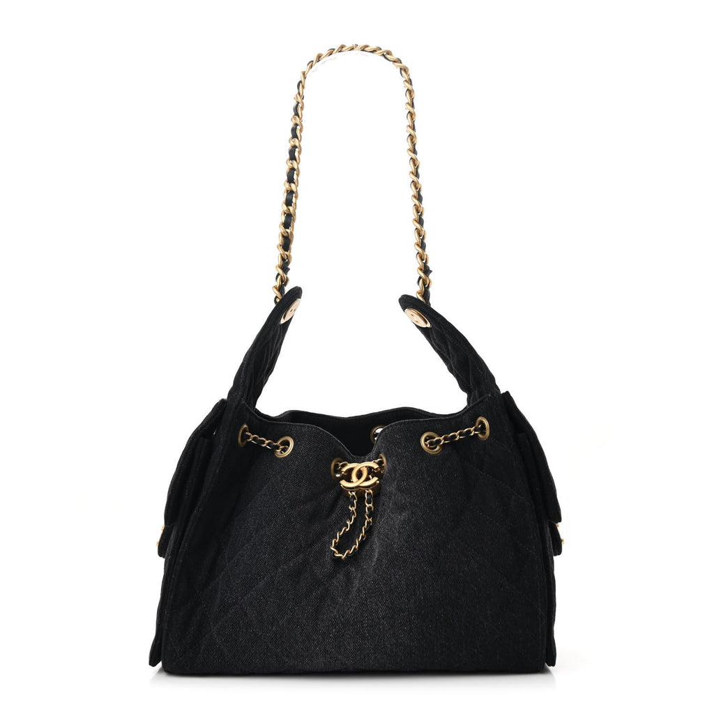 Washed Denim Quilted Small Chanel 25 Handbag Black