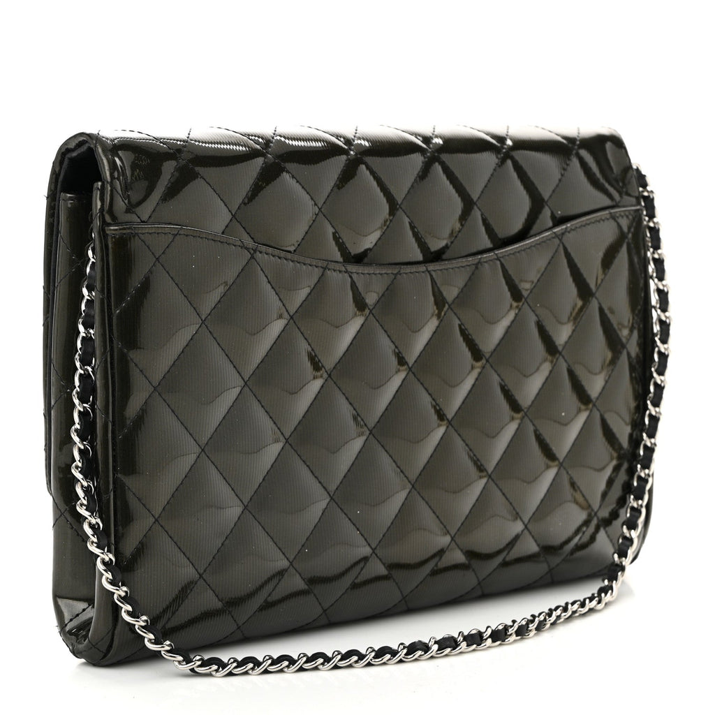 Striated Patent Quilted Clutch With Chain Flap Dark Grey
