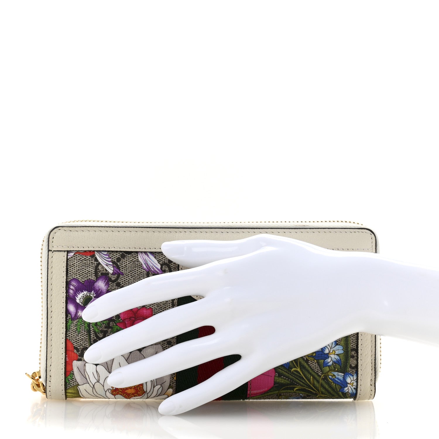 GG Supreme Monogram Flora Ophidia Zip Around Wallet White