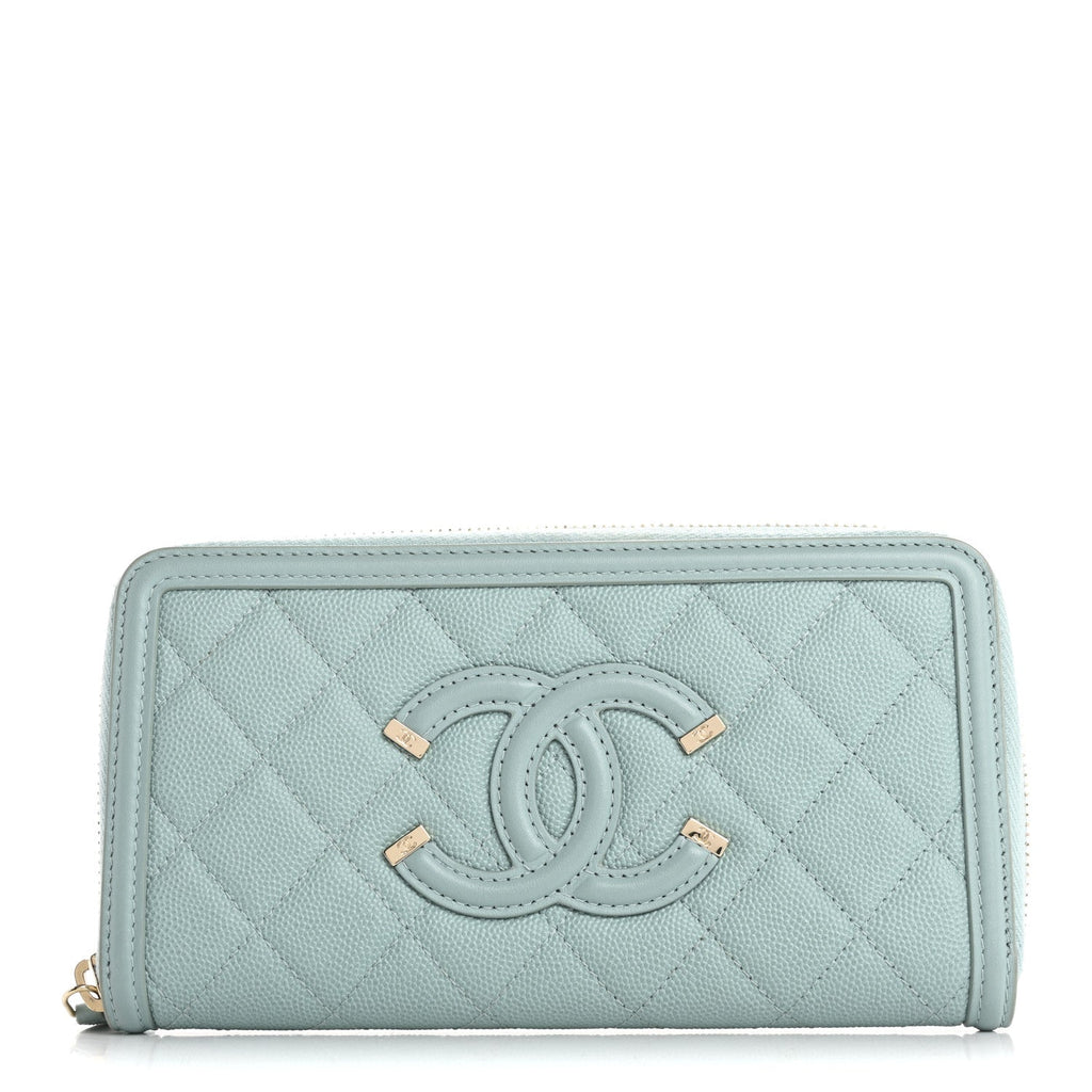 Caviar Quilted Large Filigree Zip Around Wallet Blue