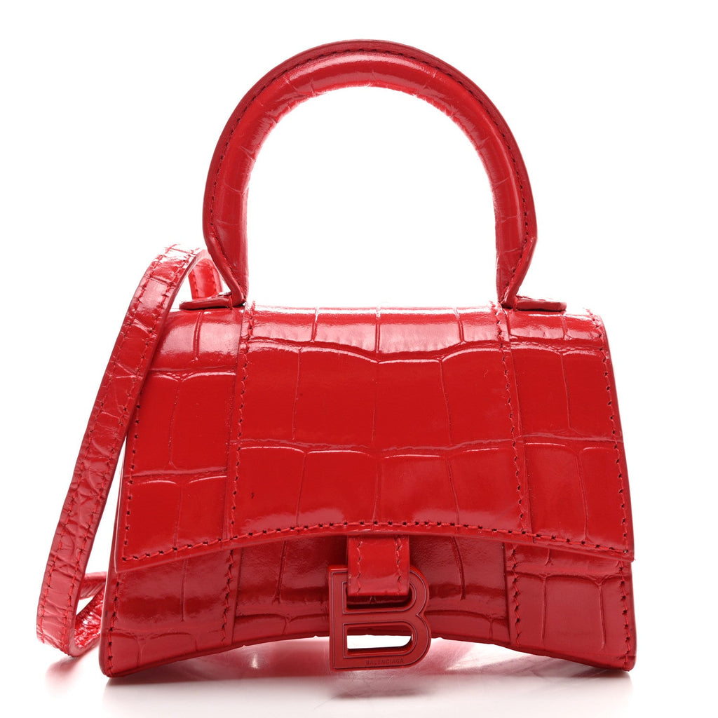 Shiny Calfskin Tonal B Crocodile Embossed Hourglass Top Handle Bag Mini Bright Red