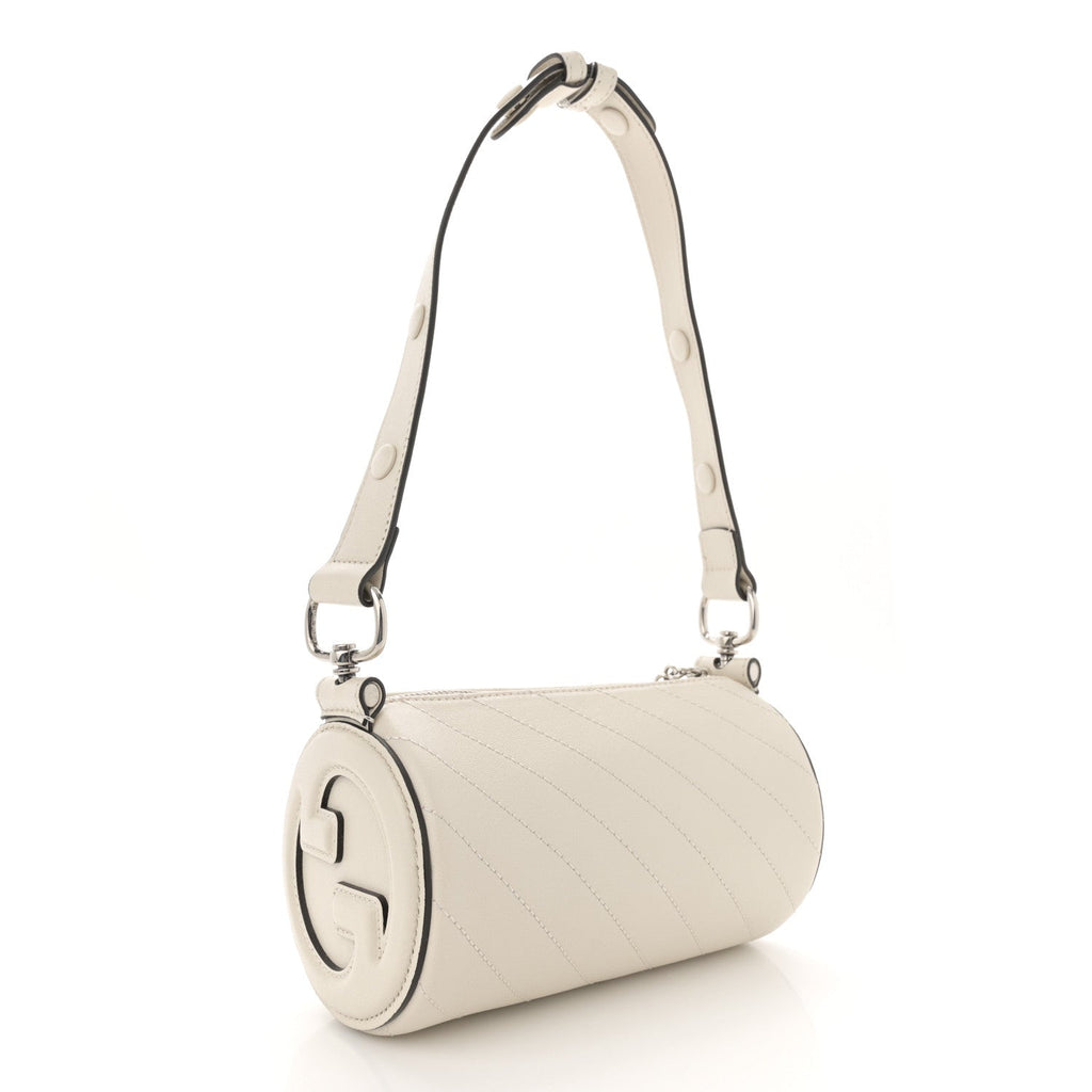 Sakai Be Green Calfskin Diagonal Stitched Mini Blondie Barrel Shoulder Bag Mystic White