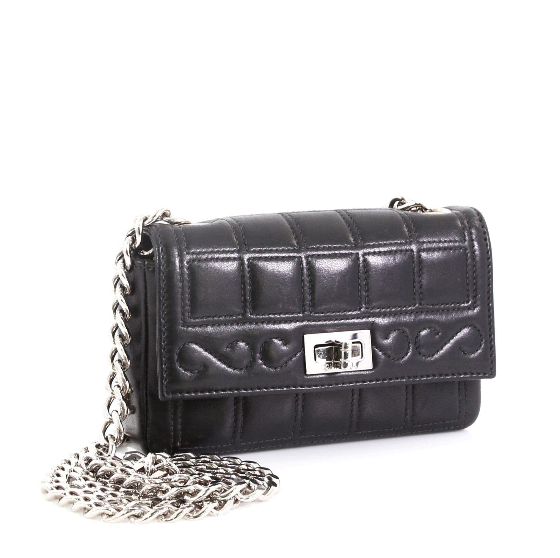 Vintage Chocolate Bar Mademoiselle Chain Flap Bag Quilted Leather Mini
