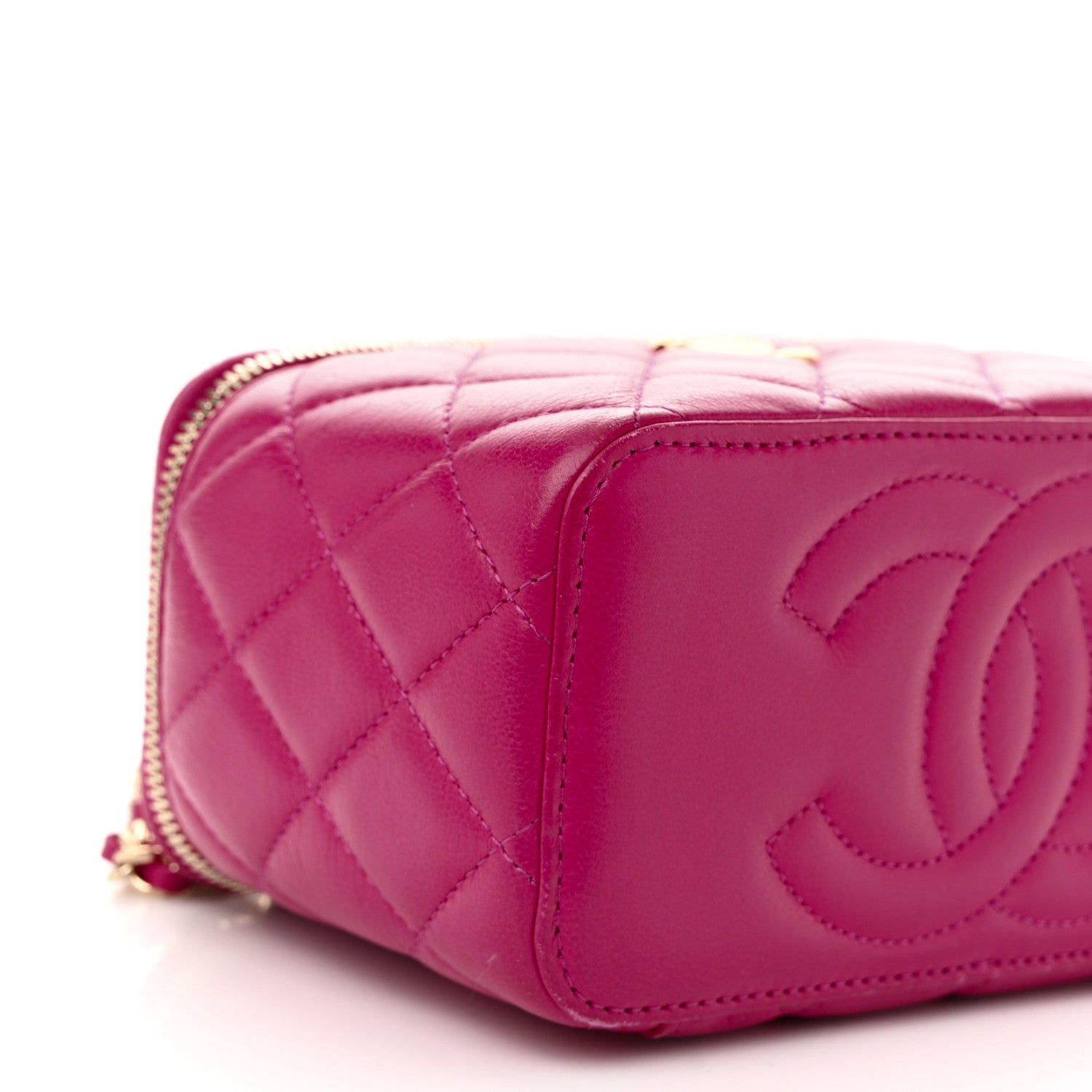 Lambskin Quilted Small Charming Top Handle Vanity Case With Chain Dark Pink