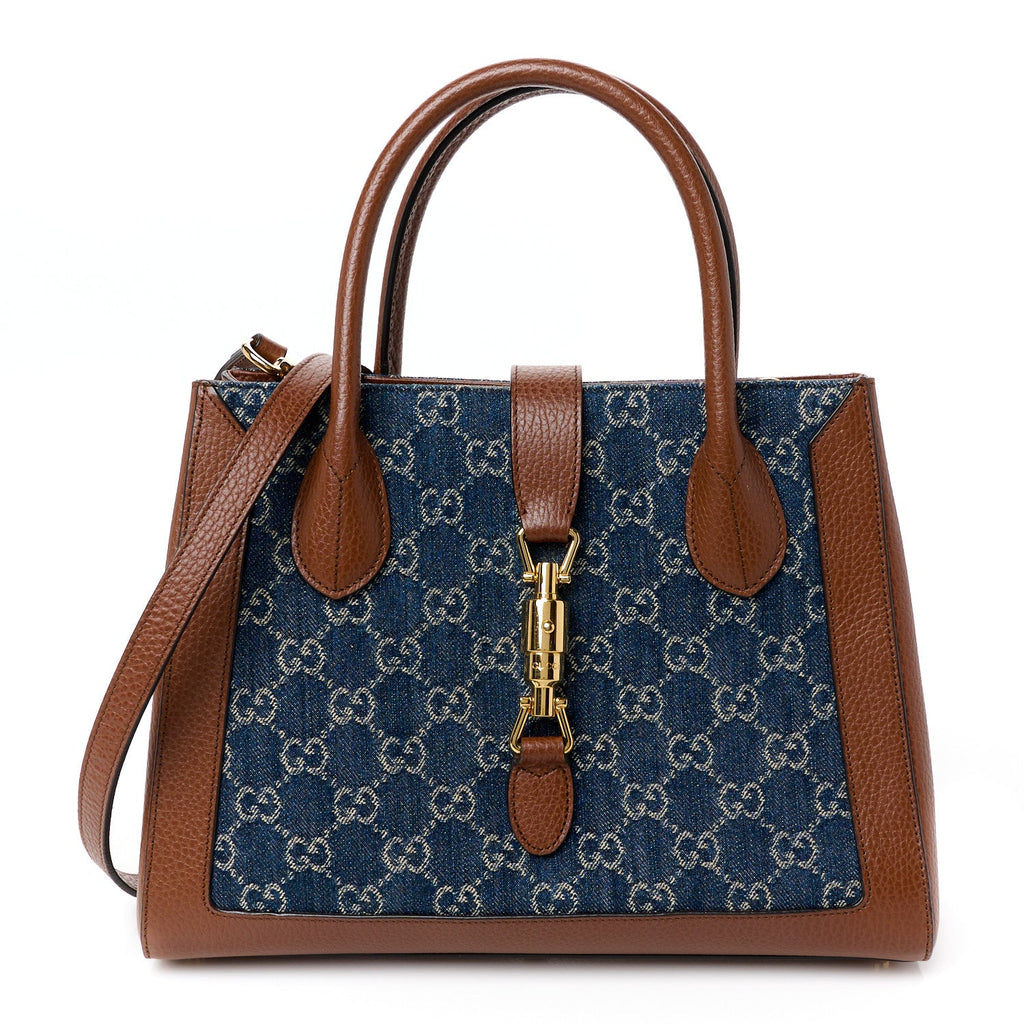 New Denim GG Monogram Dollar Calfskin Medium Jackie 1961 Tote Blue Tea Cuir Epilog