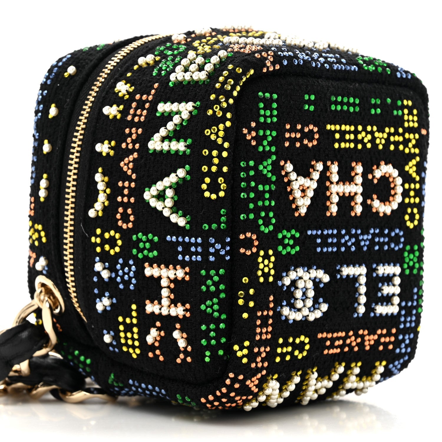 Tweed Pearl Studded Vanity Wrist Case With Chain Black Multicolor