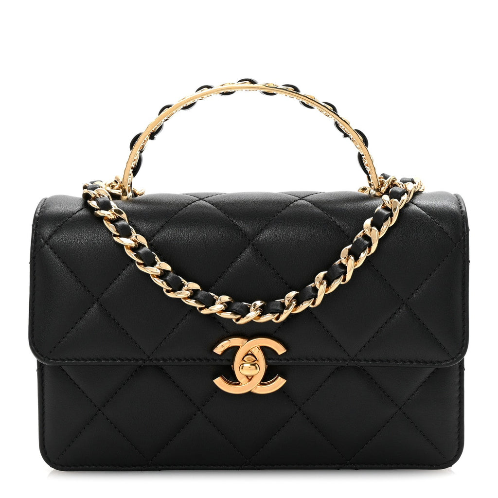 Shiny Calfskin Quilted Mini Metal Top Handle Flap Black