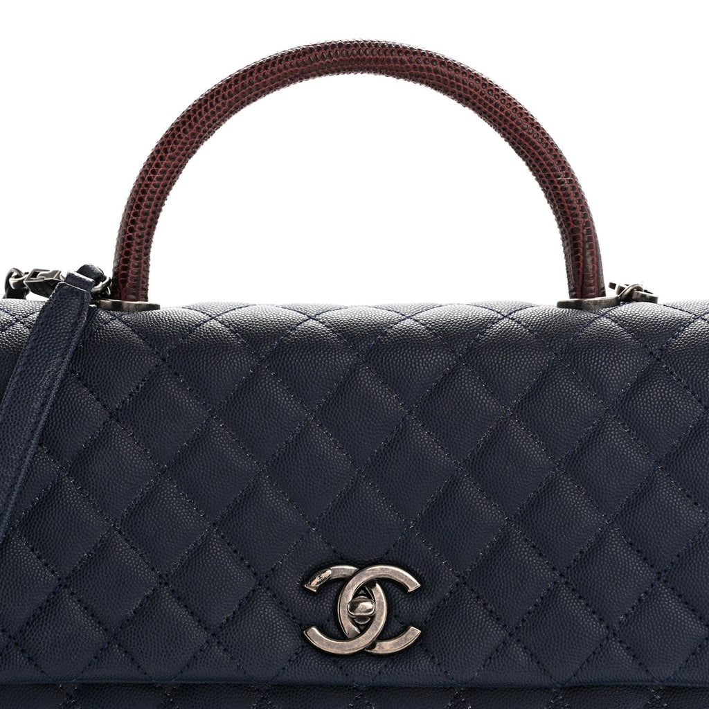 Caviar Lizard Quilted Large Coco Handle Flap Blue