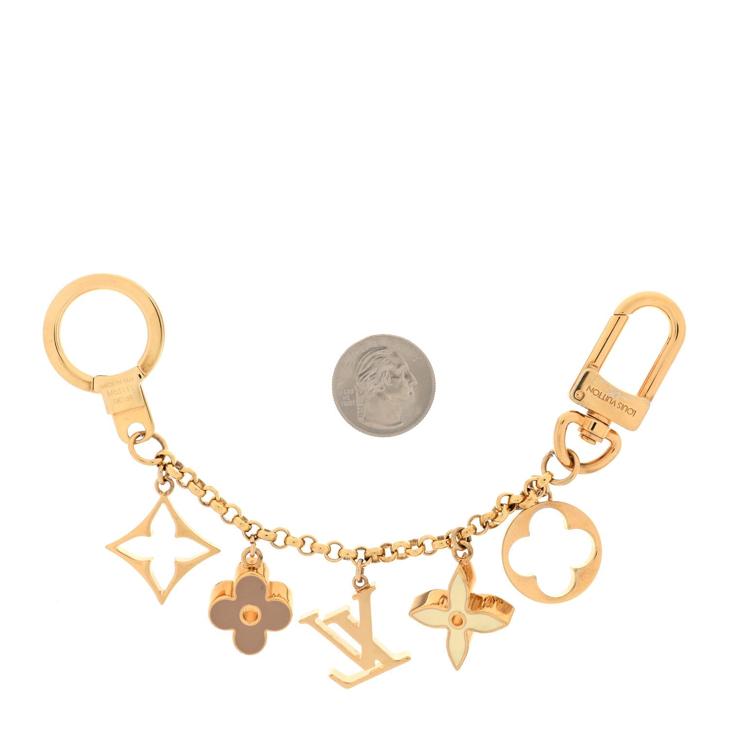 Brass Enamel Fleur De Monogram Bag Charm Chain Gold