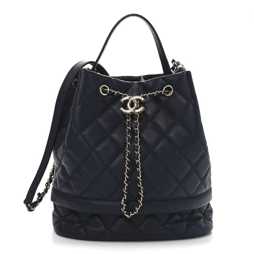 Caviar Quilted Large Rolled Up Bucket Drawstring Bag Navy