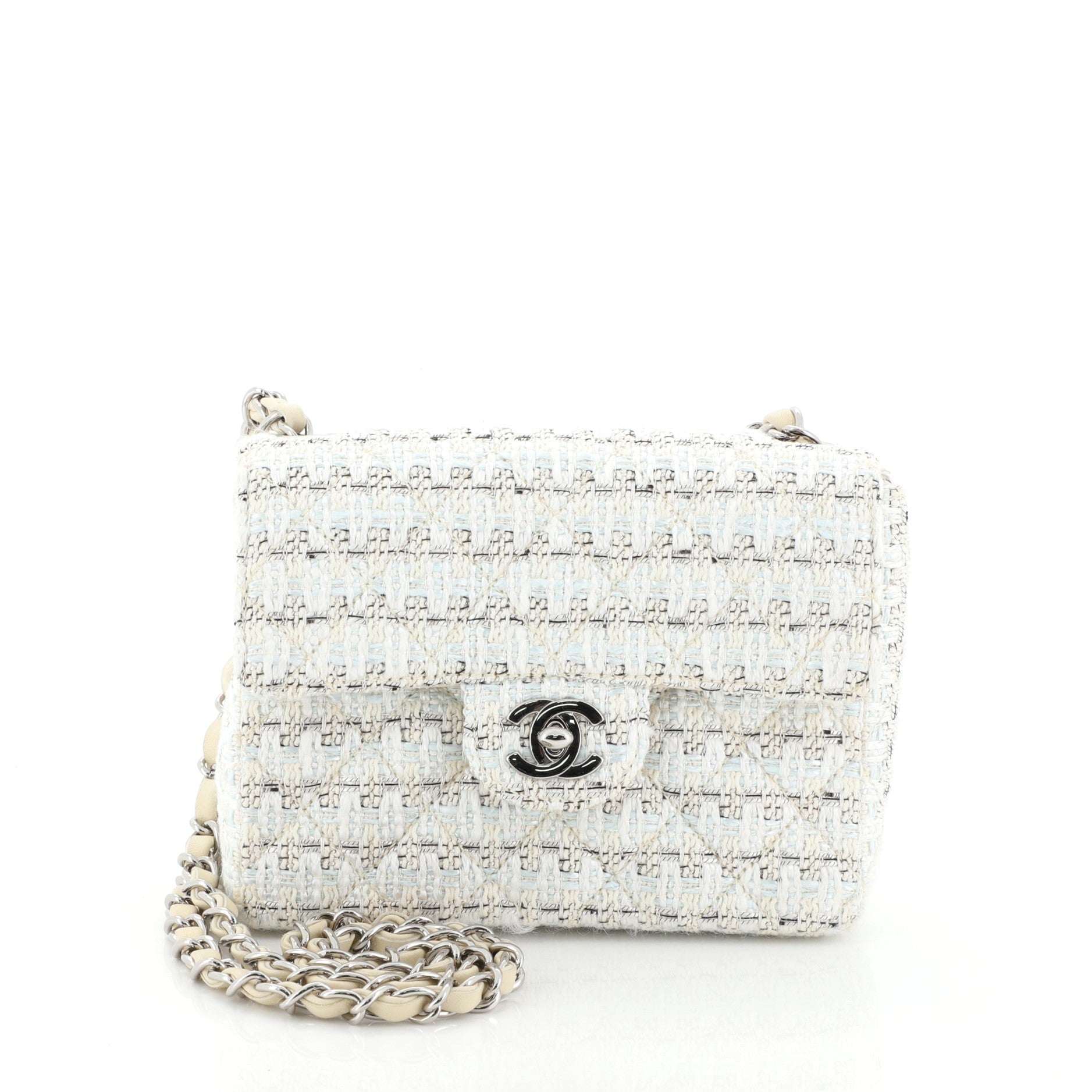 Vintage Chain Handle Flap Bag Quilted Tweed Mini