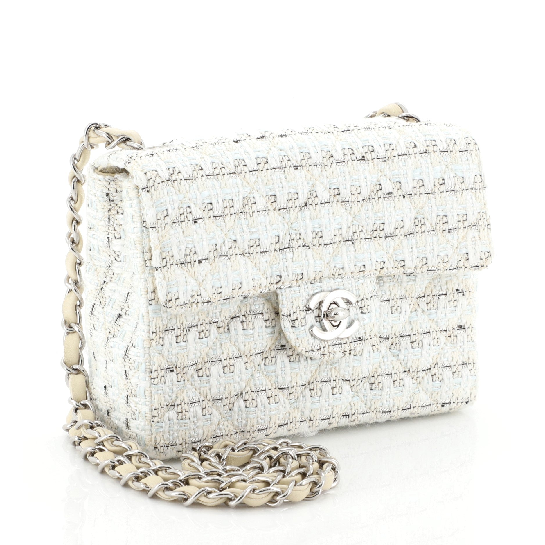 Vintage Chain Handle Flap Bag Quilted Tweed Mini