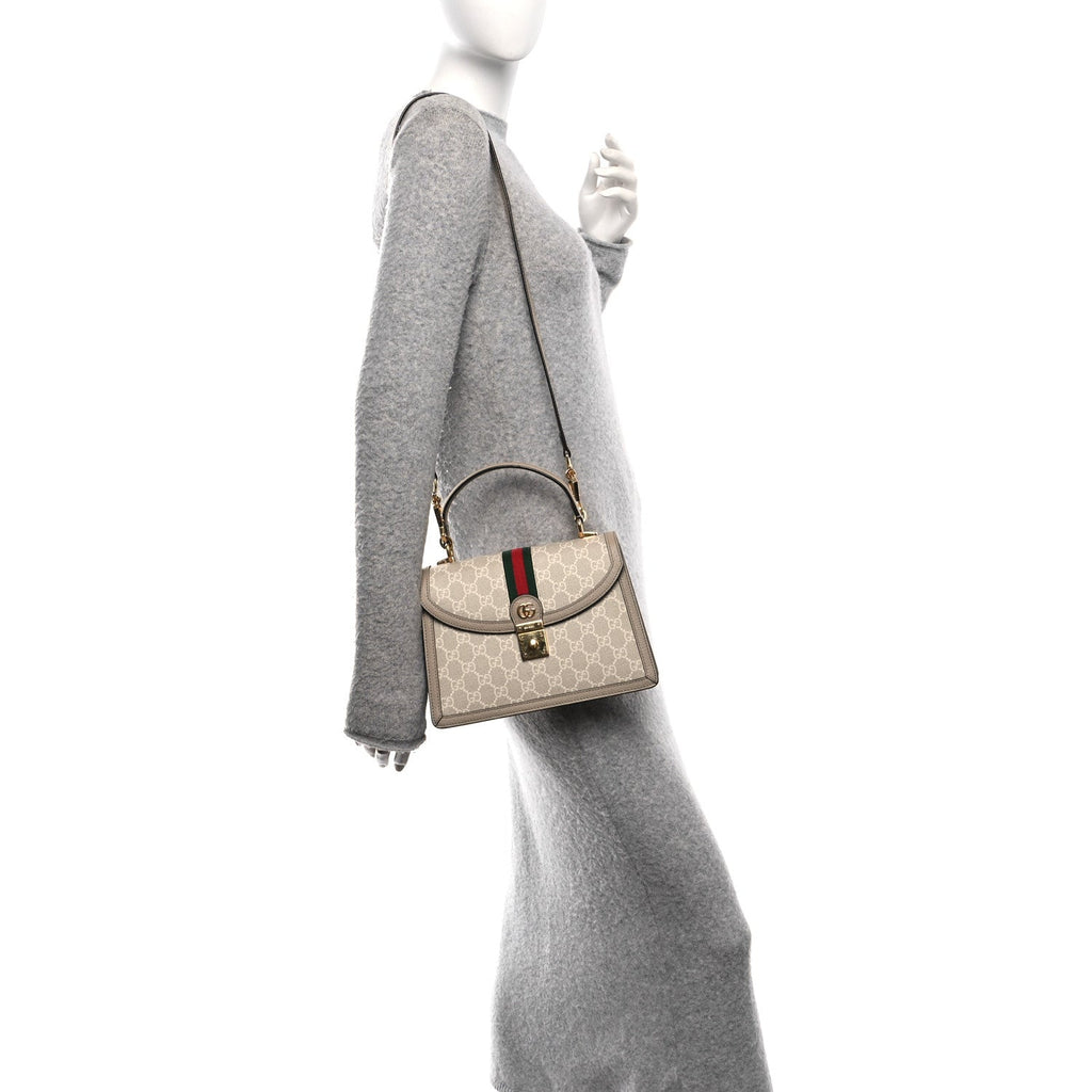 GG Supreme Monogram Textured Dollar Calfskin Web Small Ophidia Padlock Top Handle Bag Beige Mystic White Oatmeal