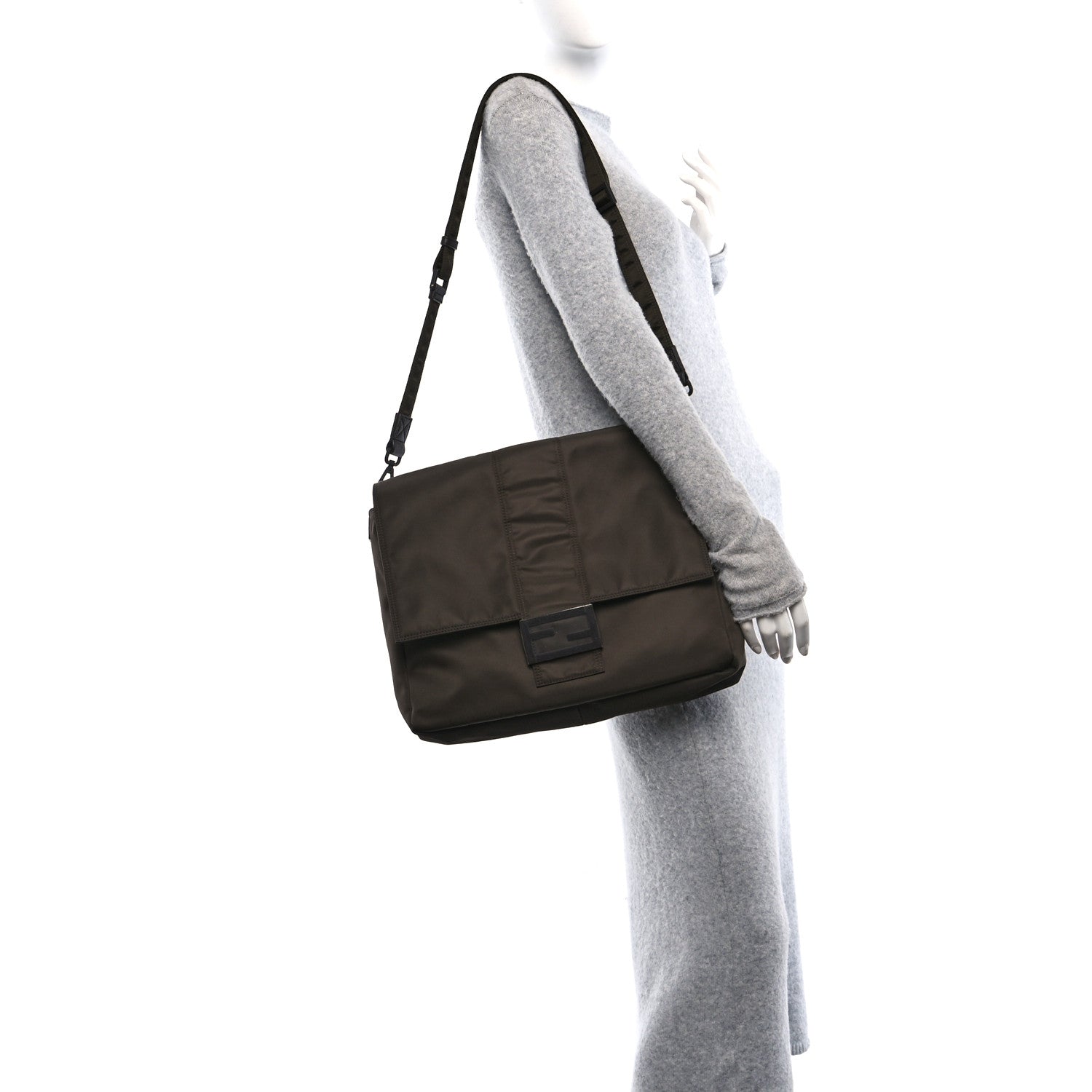Econyl Nylon Cuoio Romano Monochrome Large Baguette Messenger Bag Ebano