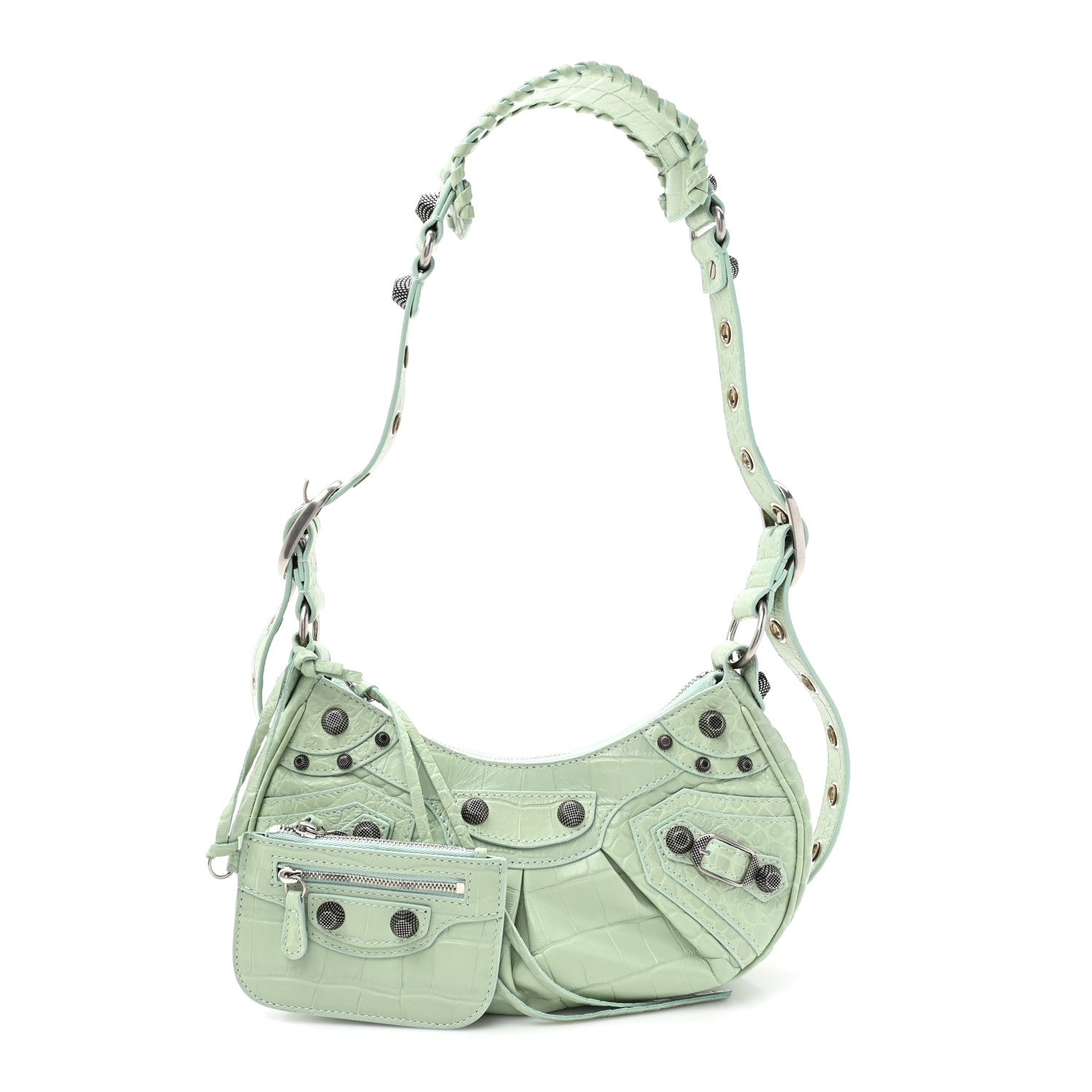 Extra Supple Calfskin Crocodile Embossed Le Cagole Shoulder Bag XS Light Green