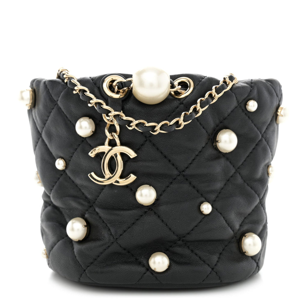 Lambskin Quilted Pearl Mini About Pearls Drawstring Bag Black