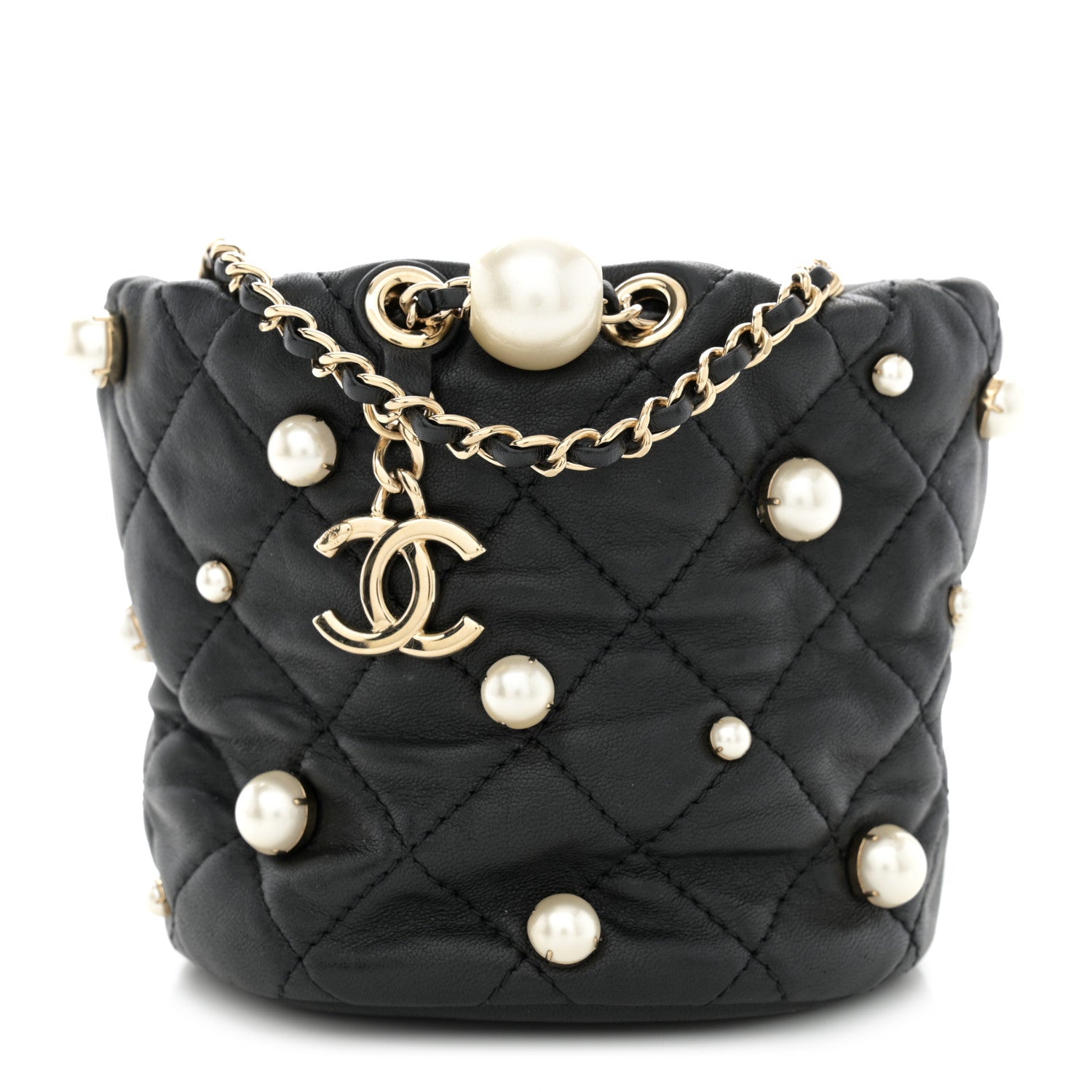 Lambskin Quilted Pearl Mini About Pearls Drawstring Bag Black