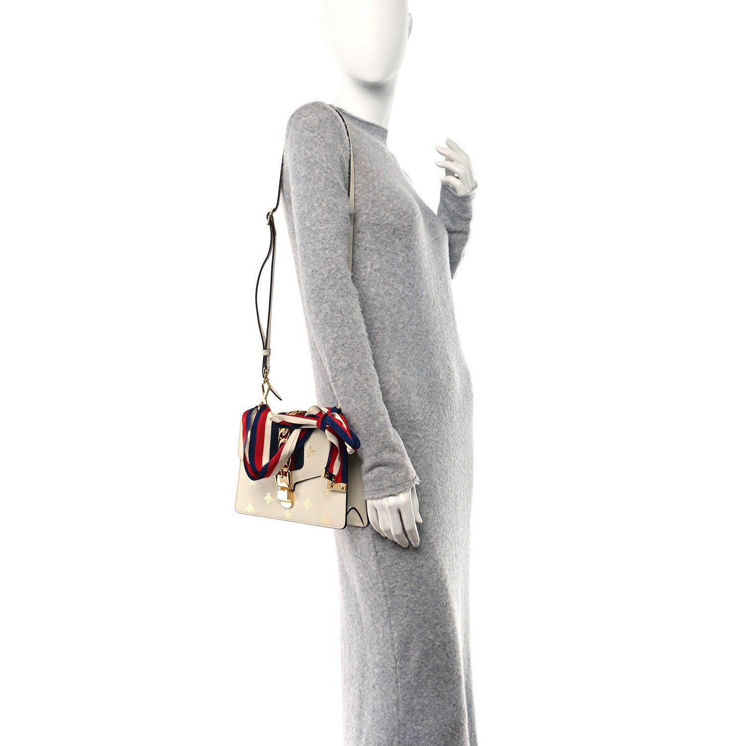 Textured Calfskin Bee Star Print Small Sylvie Shoulder Bag Mystic White