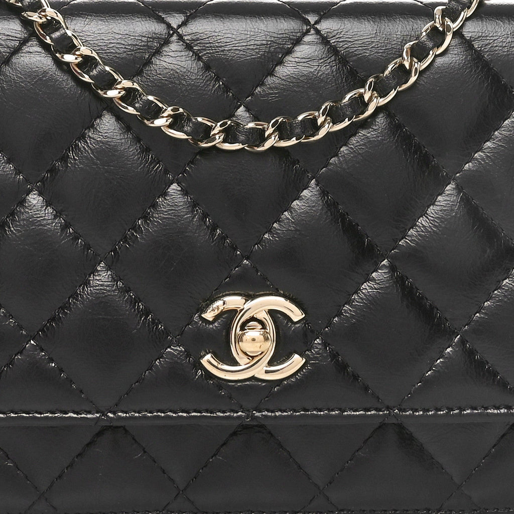 Shiny Aged Calfskin Enamel Logo Quilted Wallet On Chain WOC Black