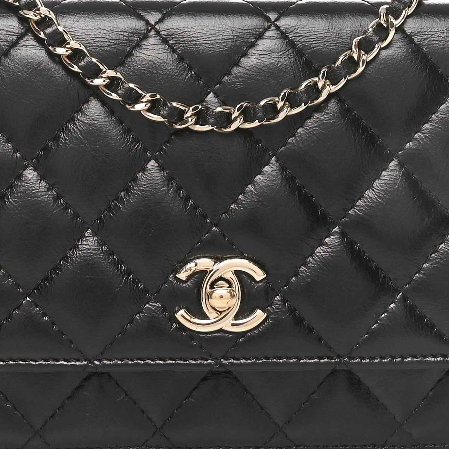 Shiny Aged Calfskin Enamel Logo Quilted Wallet On Chain WOC Black