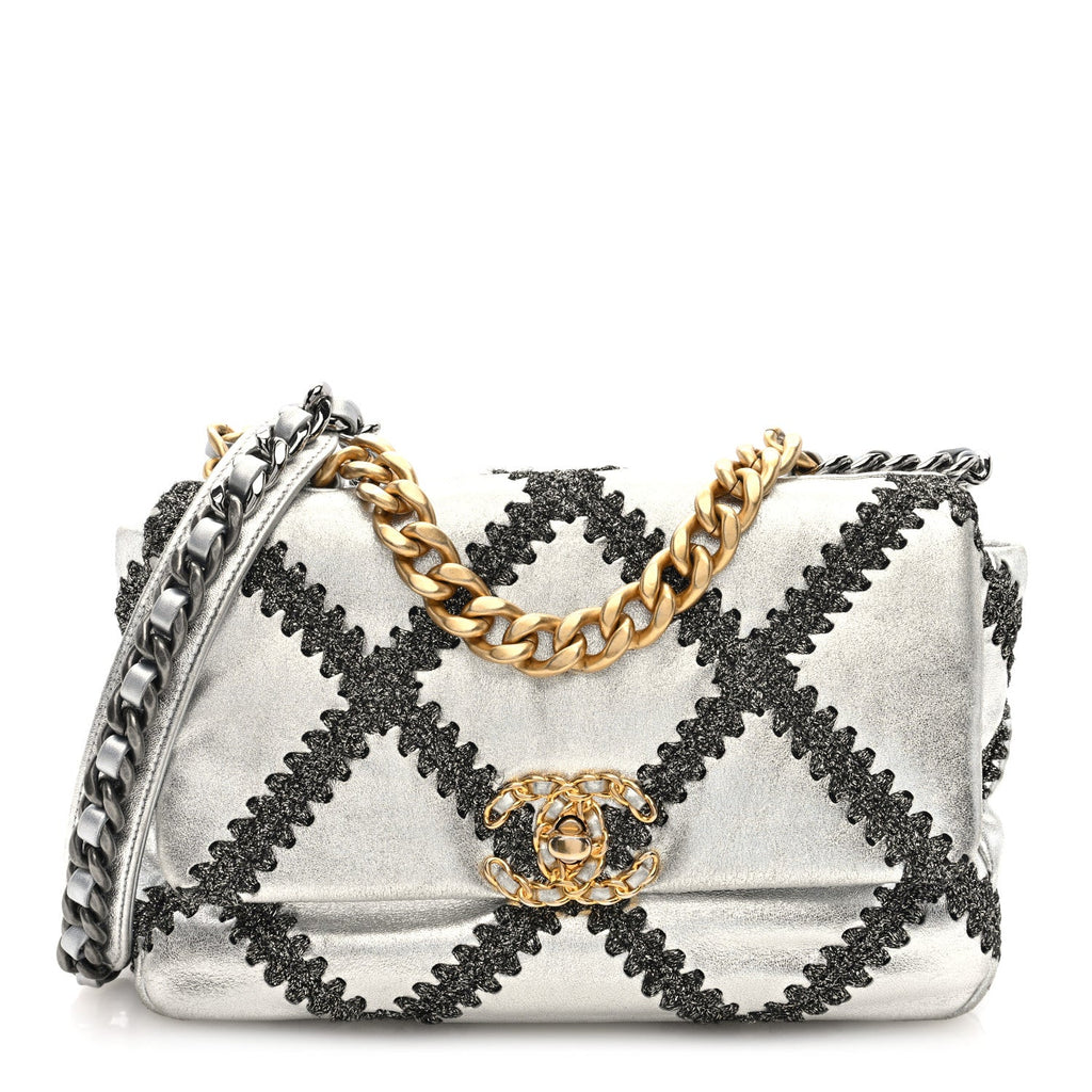 Metallic Calfskin Crochet Medium Chanel 19 Flap Silver