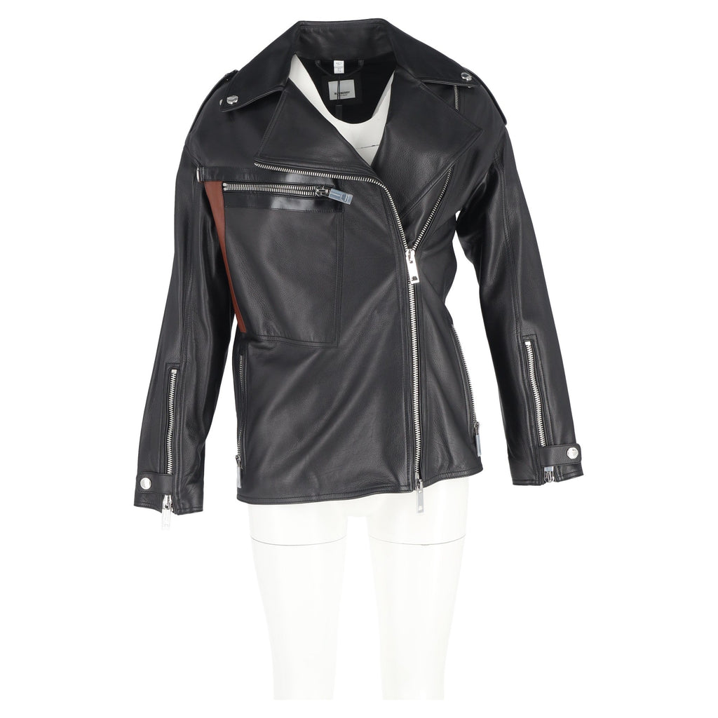 Burberry Stonefield Pocket Detail Biker Jacket in Black Leather