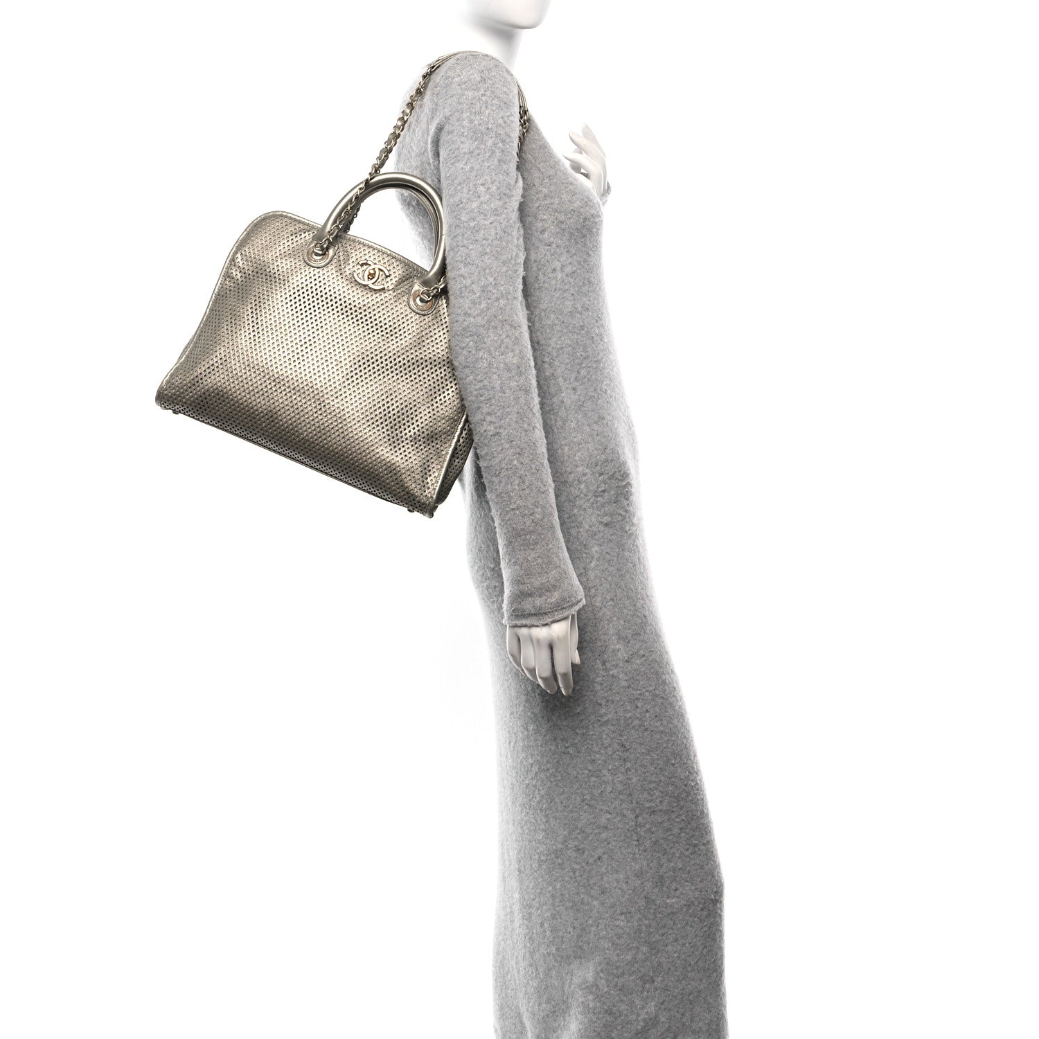 Metallic Calfskin Perforated Up In The Air Tote Silver