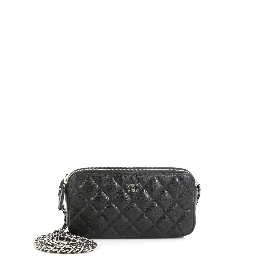 Double Zip Clutch with Chain Quilted Caviar