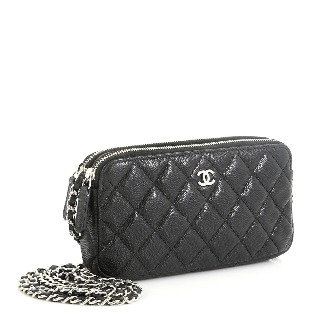Double Zip Clutch with Chain Quilted Caviar