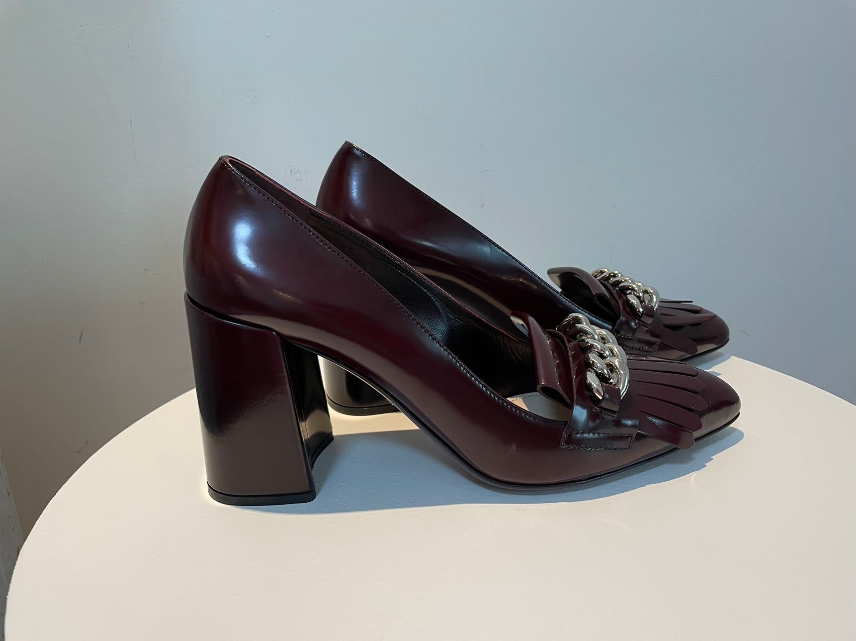 Prada Merlot Kiltie Chain Patent Leather Block-heel Pumps 39