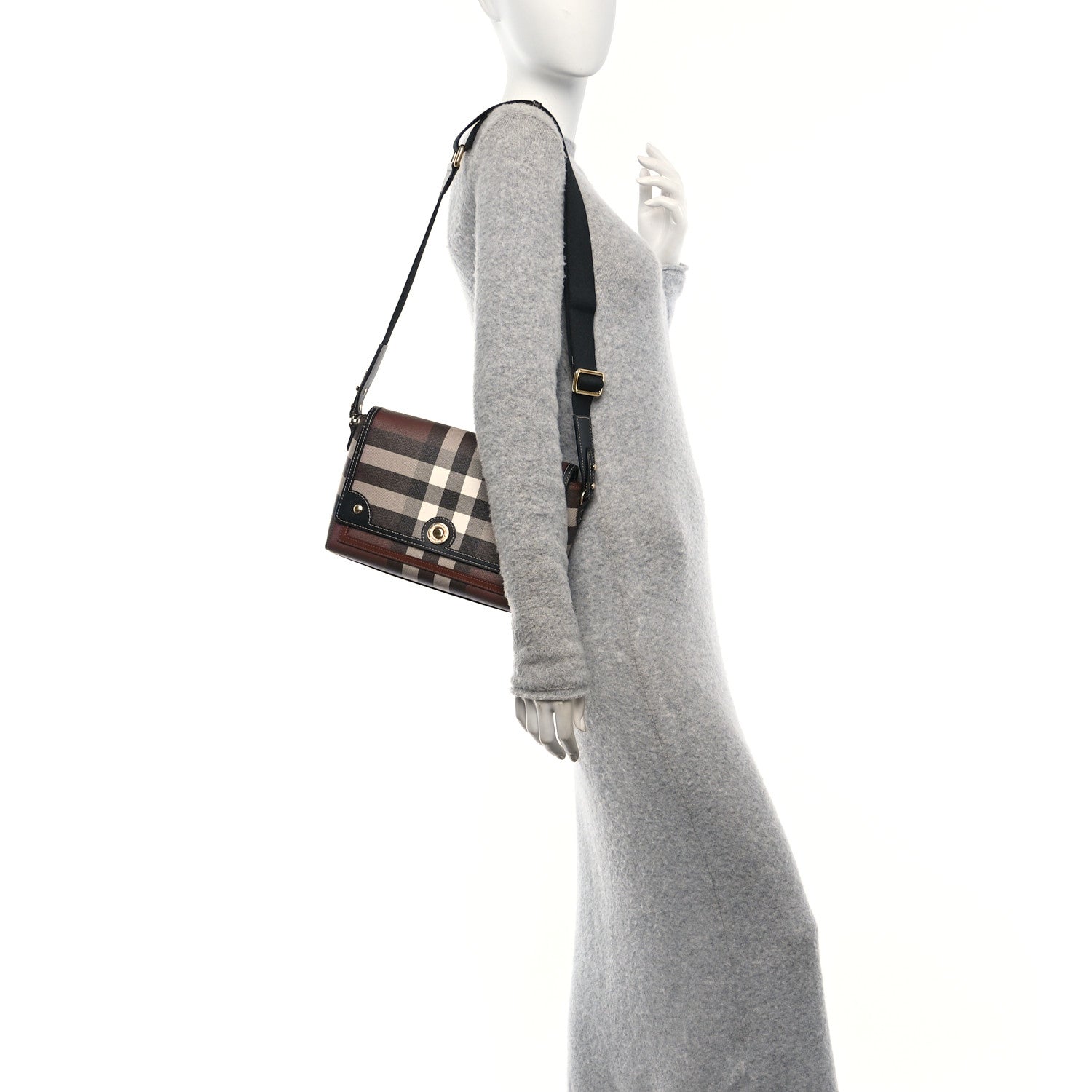 Coated Canvas Calfskin Vintage Check Medium Note Crossbody Bag Dark Birch Black
