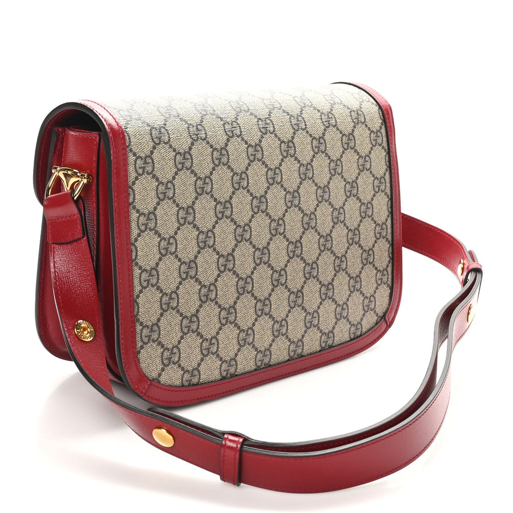GG Supreme Monogram Azalea Calfskin Horsebit 1955 Shoulder Bag Beige Ebony New Cherry Red