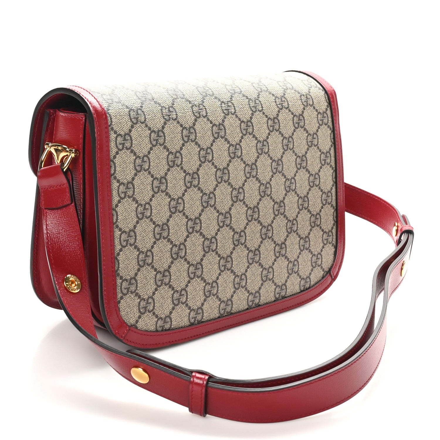 GG Supreme Monogram Azalea Calfskin Horsebit 1955 Shoulder Bag Beige Ebony New Cherry Red