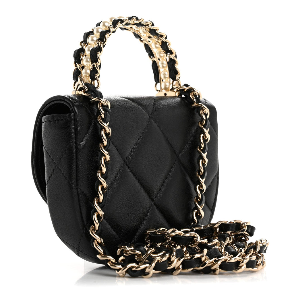 Lambskin Quilted Pearl Top Handle Clutch With Chain Black