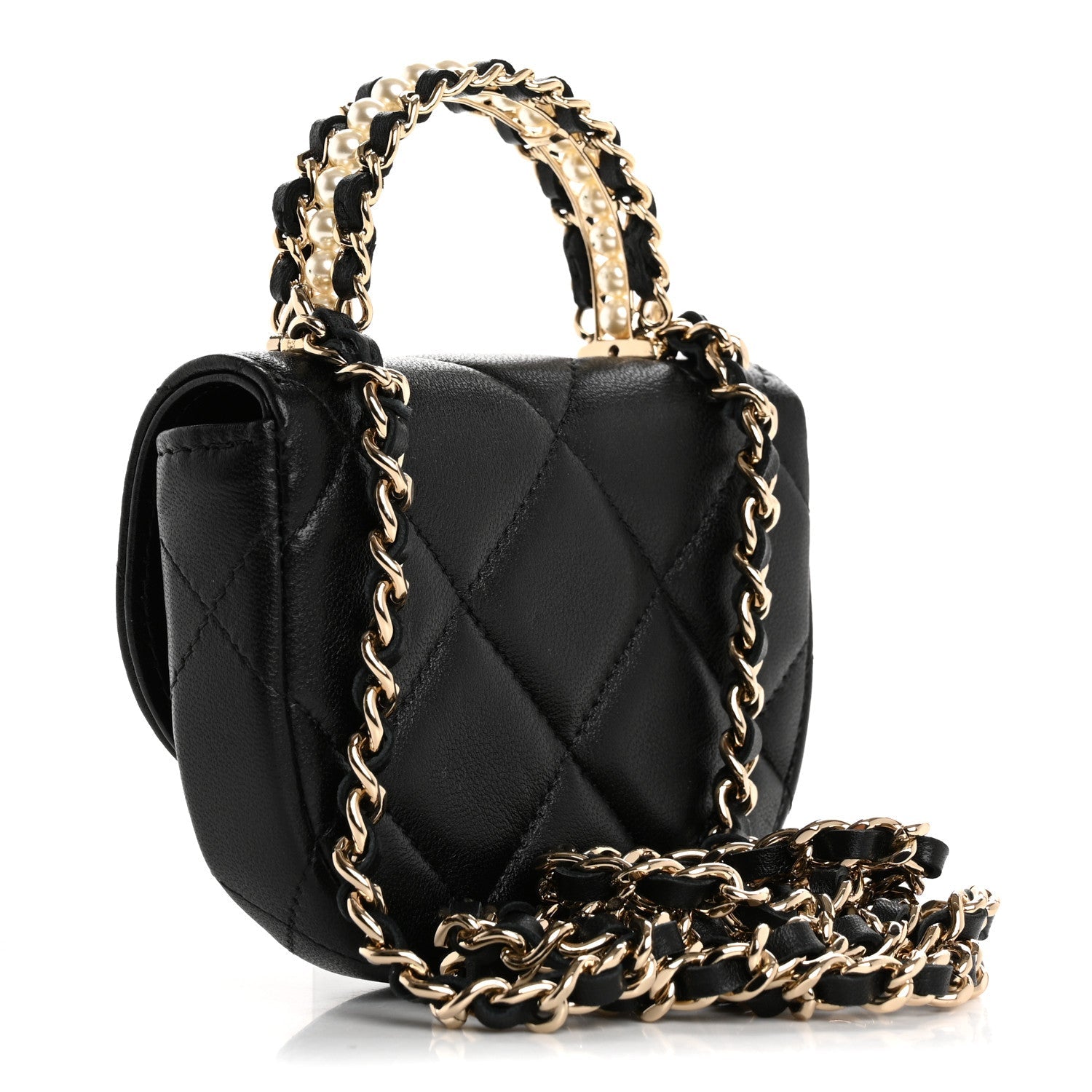 Lambskin Quilted Pearl Top Handle Clutch With Chain Black