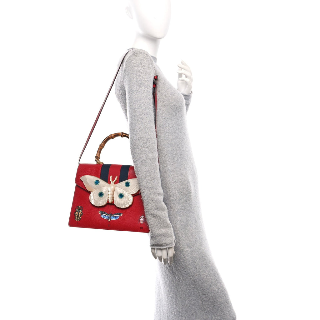 Calfskin Bamboo Web Medium Falena Moth Top Handle Bag Hibiscus Red