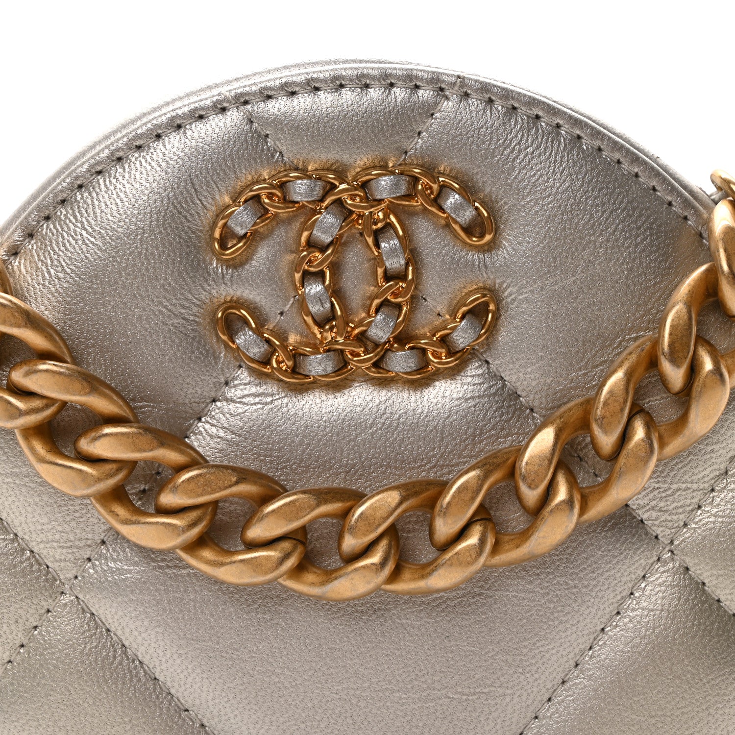 Metallic Lambskin Quilted Chanel 19 Round Clutch With Chain Silver