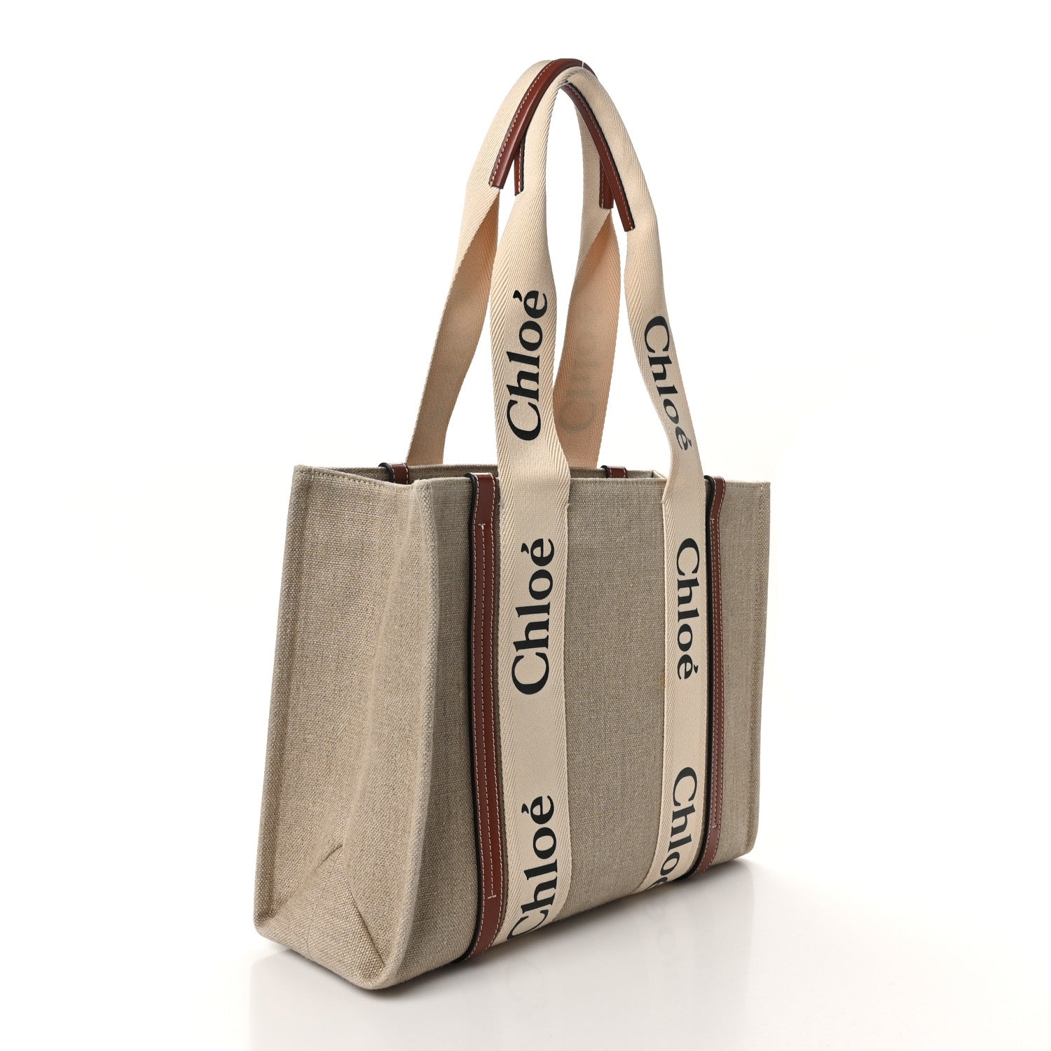 Linen Calfskin Medium Woody Ribbon Tote White Brown