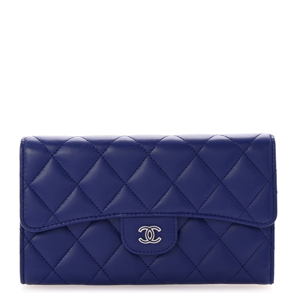 Lambskin Quilted Large Flap Wallet Blue