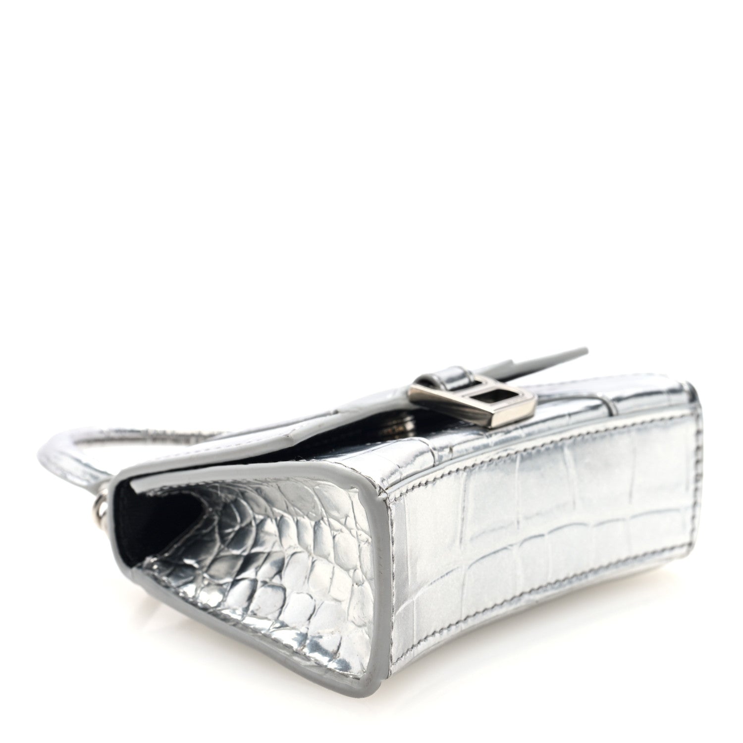 Metallic Calfskin Crocodile Embossed Hourglass Top Handle Bag Mini with Chain Silver