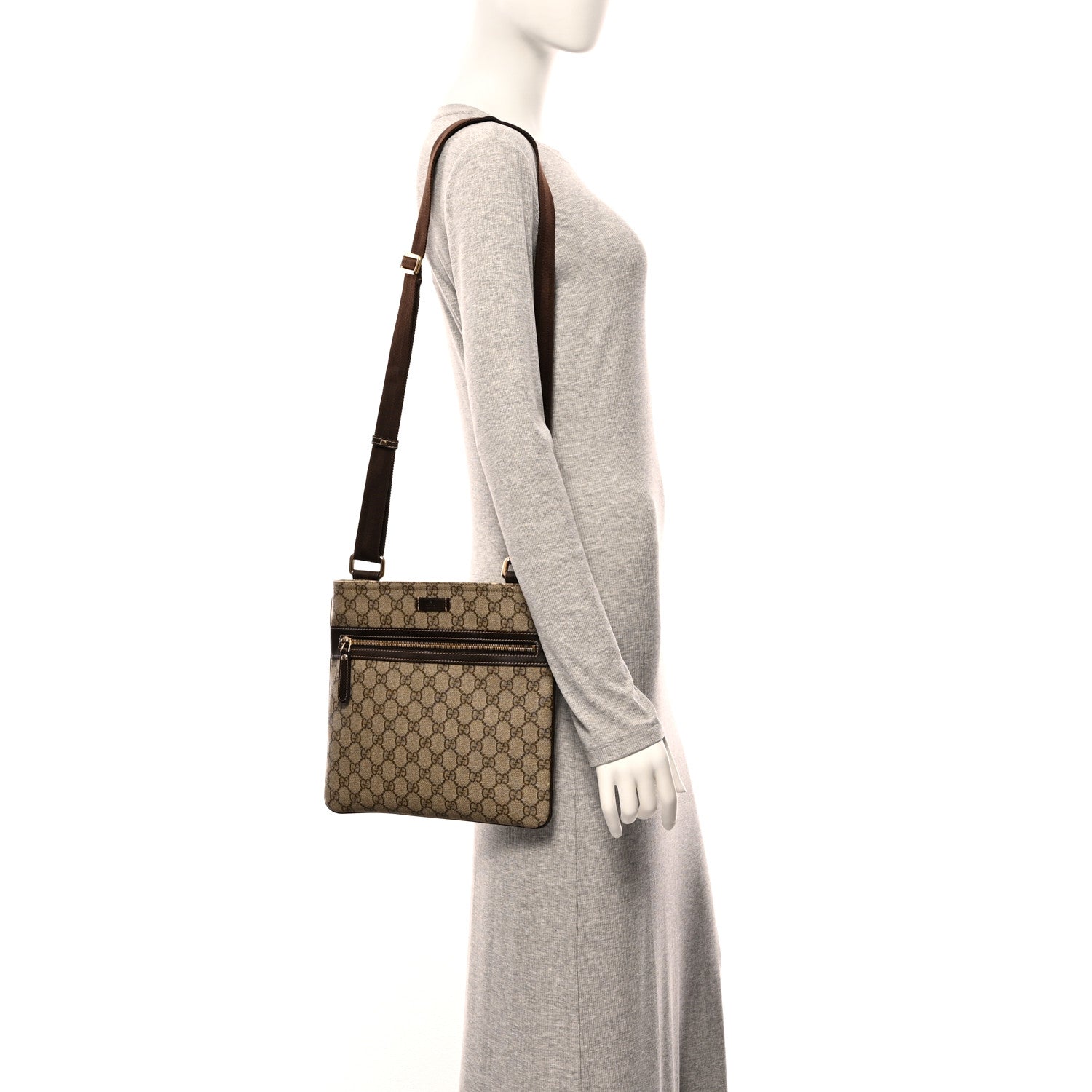 GG Supreme Monogram Selleria Calfskin Small Flat Side Zip Messenger Bag Beige Ebony Cocoa Dark Chocolate