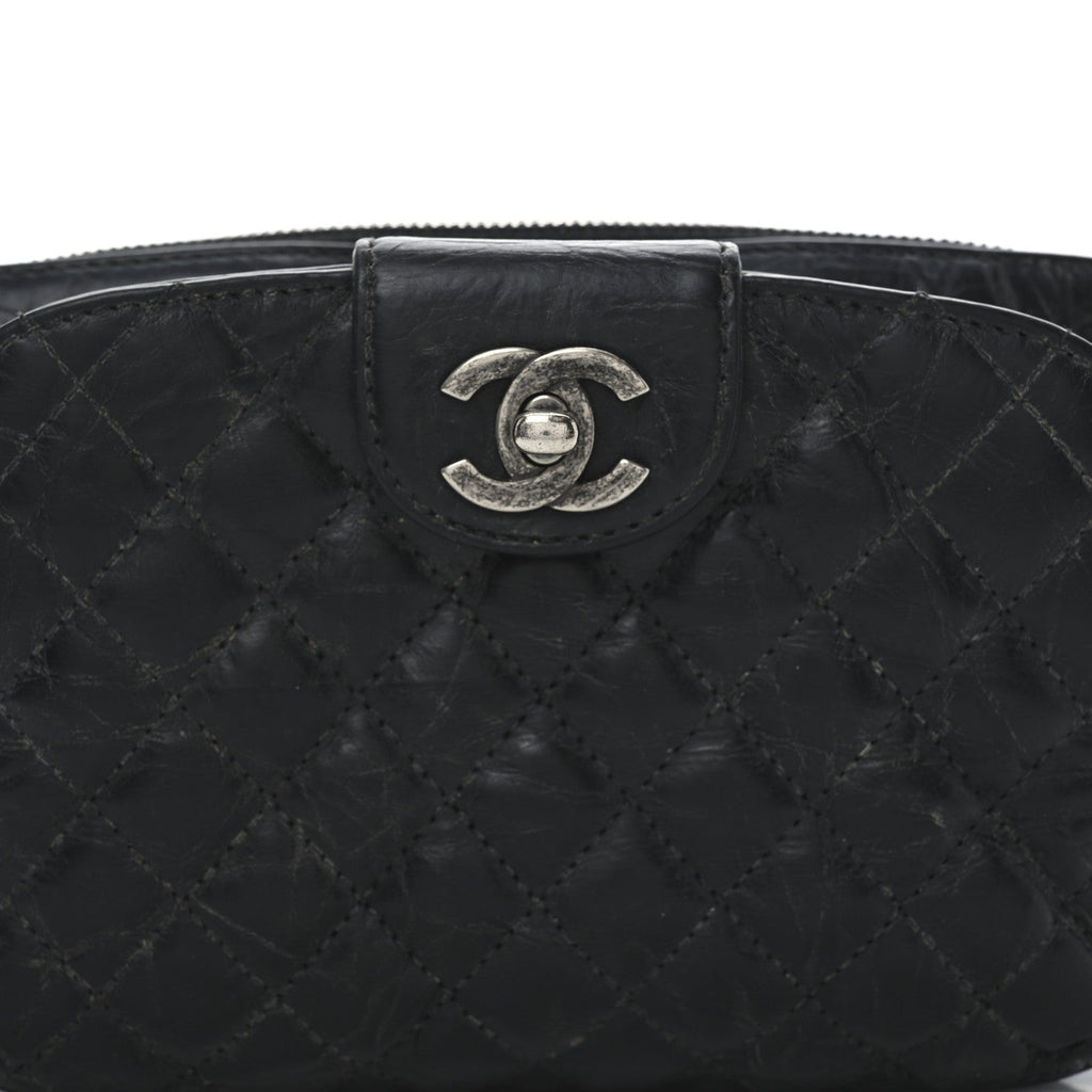 Crumpled Calfskin Quilted Casual Rock Waist Bag Fanny Pack Black