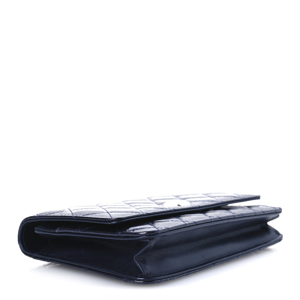 Patent Metallic Crumpled Calfskin Quilted Wallet On Chain WOC Navy